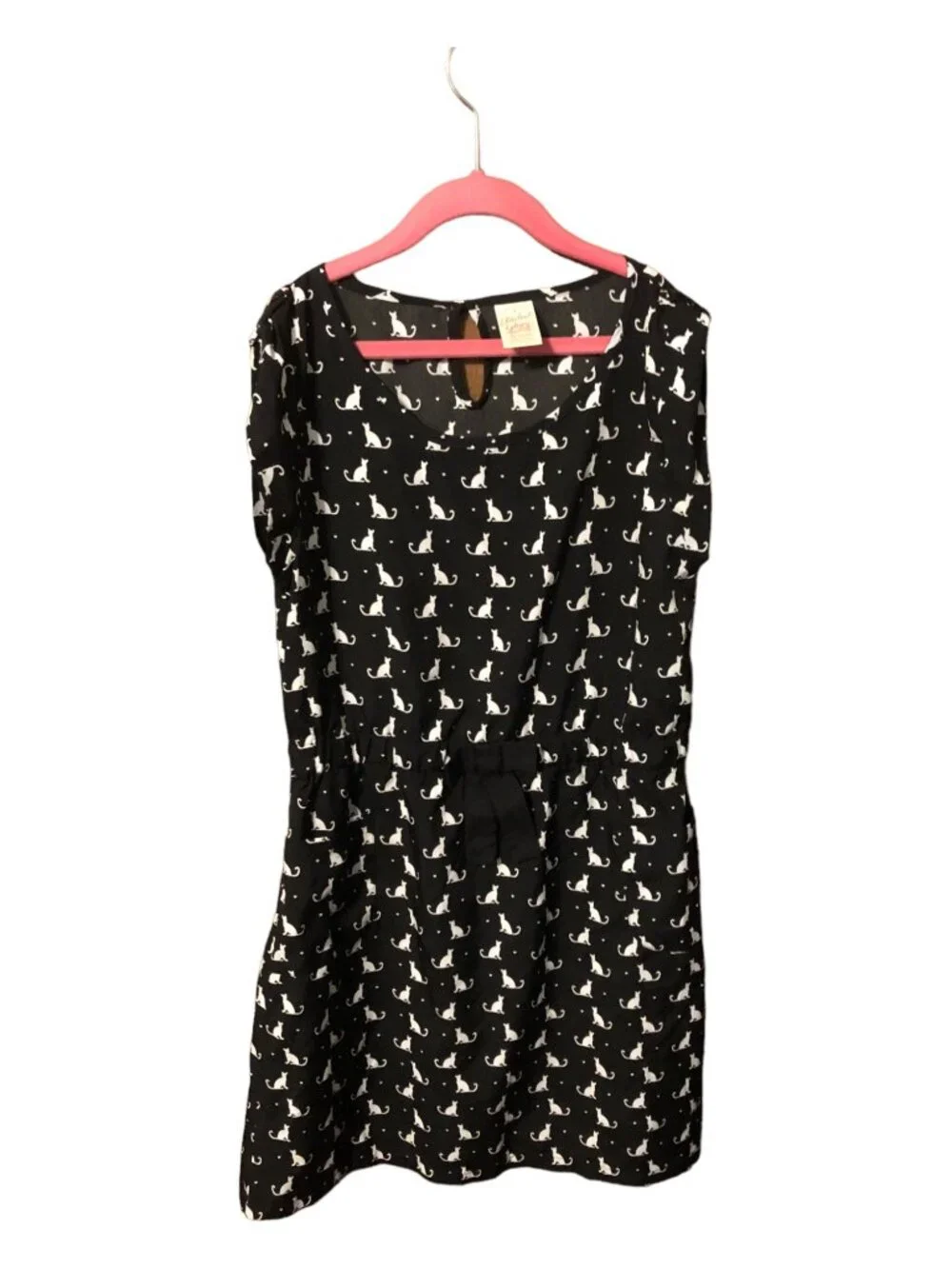 White Cat Print Black Short Sleeve Sun Dress Accent Bow Pockets Sz XL (14-6)